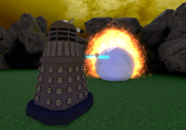 Dalek Sec exterminating a Mechanoid